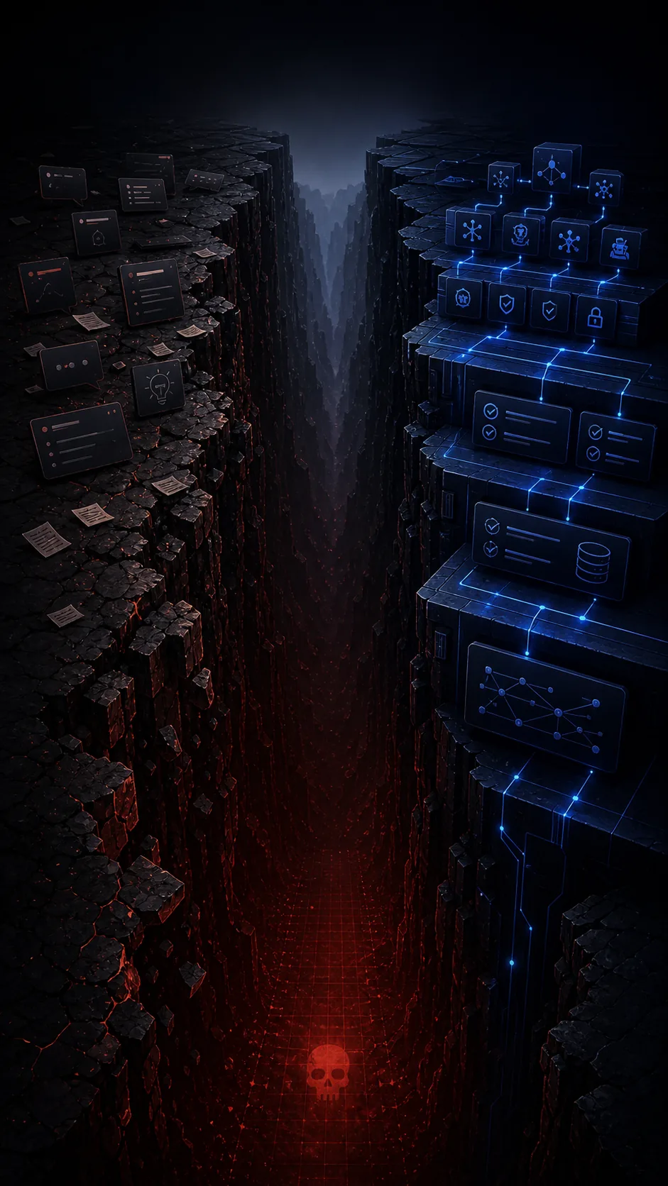 Vertical mobile infographic showing a dangerous AI skill-gap canyon: casual AI users on a crumbling red side, AI operator builders on a glowing blue systems side, and a red UBI floor at the bottom.